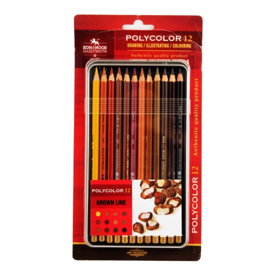 Imagen de Lápices de colores redondos Koh-I-Noor Polycolor 12 tonos marrones tarjeta caja metálica