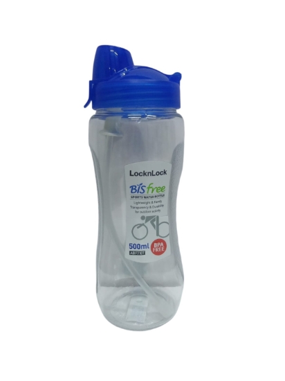 Image de Gourde sport Lock & Lock sans BPA transparente avec couvercle bleu et paille 500 ml modèle ABF710T